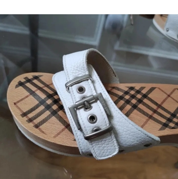 BURBERRY Nova Check Wooden Clog Buckle Slide Sandals Women's 38 White Leather - Picture 3 of 12